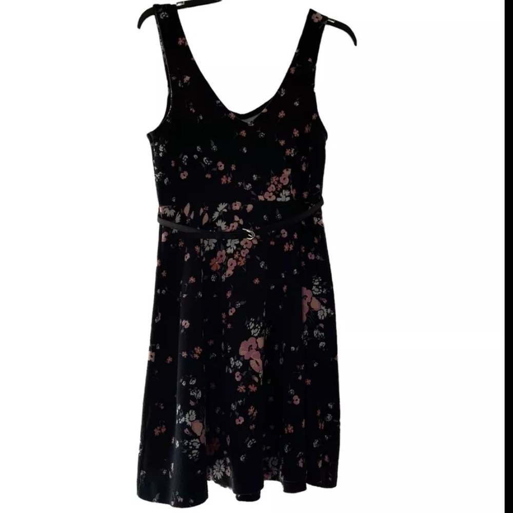 Lauren Conrad Womens Knee Length Dress Stretch Floral Belted Knit Black Medium